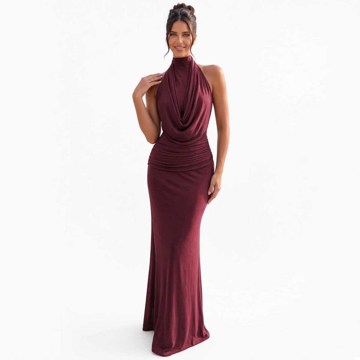 The Elara Draped Halter Neck Maxi Dress