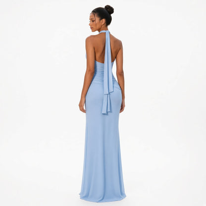 The Elara Draped Halter Neck Maxi Dress