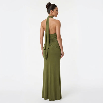 The Elara Draped Halter Neck Maxi Dress