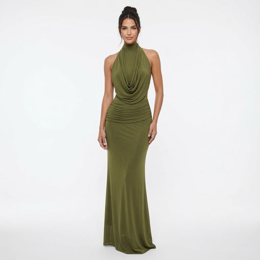 The Elara Draped Halter Neck Maxi Dress